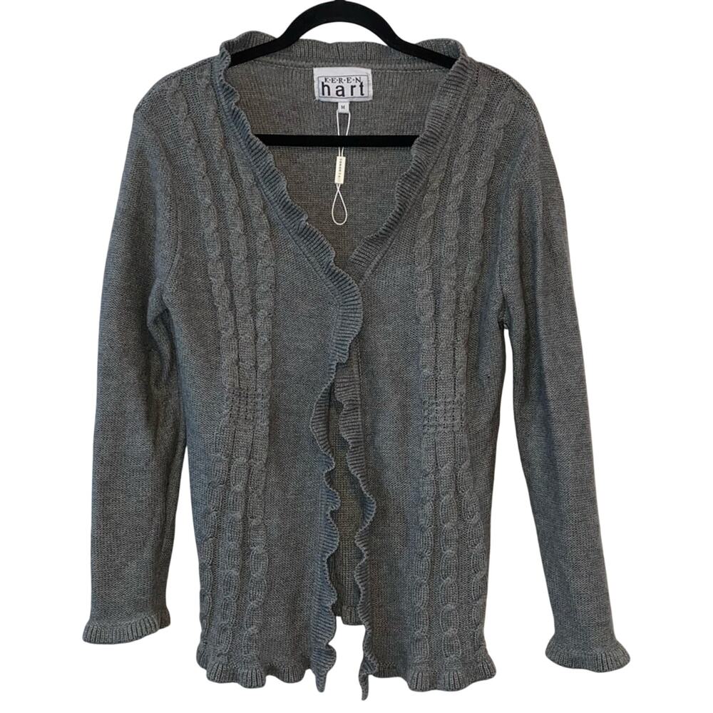 Karen Hart Gray Cable Knit Ruffle Trim Sweater Cardigan